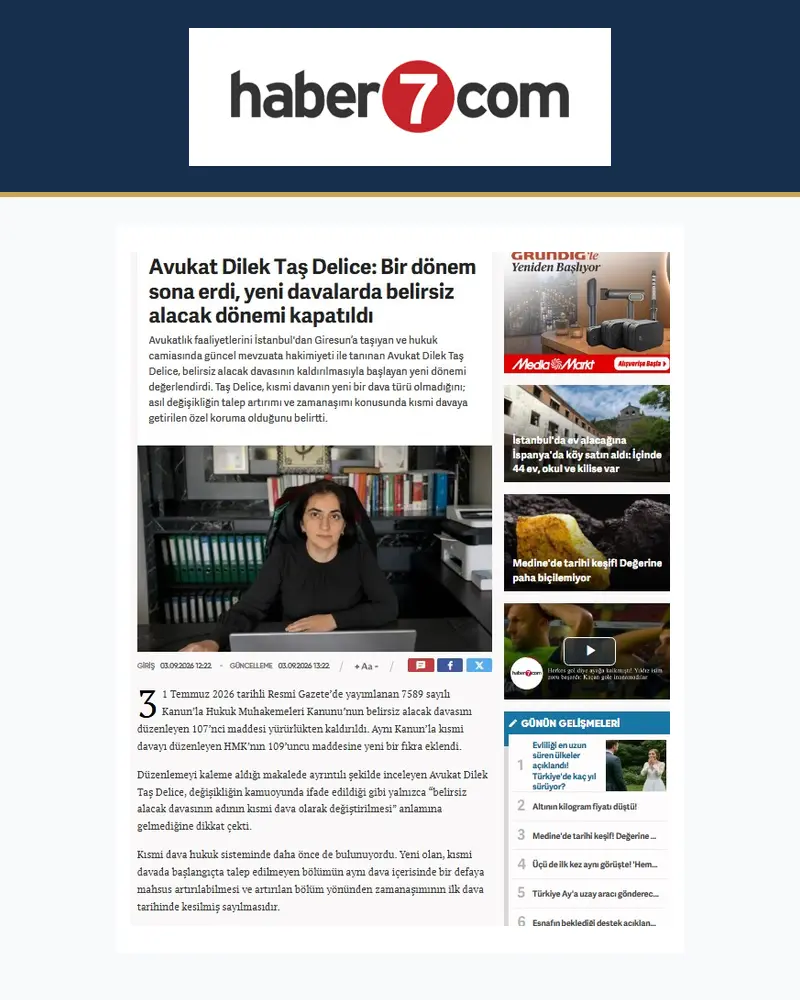 Haber7'de yayımlanan Avukat Dilek Taş Delice haberi