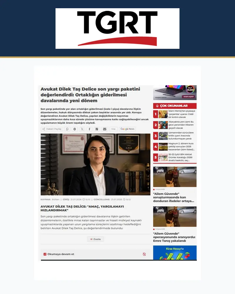 TGRT Haber'de yayımlanan Avukat Dilek Taş Delice haberi